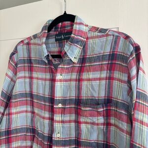Men’s Ralph Lauren 100% linen long sleeve button down, plaid, bright, rainbow